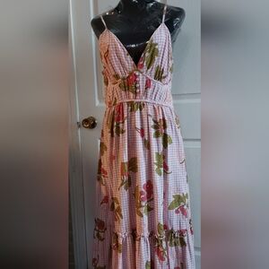 Floral Pink Gingham Linen Blend Midi Dress